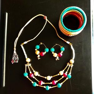Multicolor beads Indian necklace with hoop earring